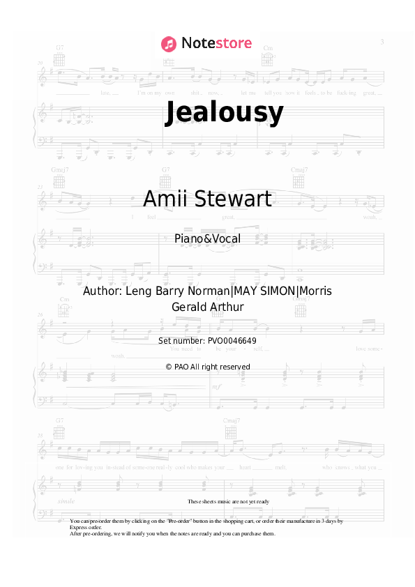 Jealousy - Amii Stewart Piano Sheet Music with the Voice part - Piano&Vocal