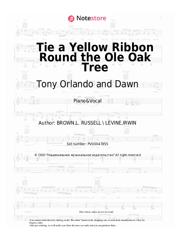 Sheet music with the voice part Tony Orlando and Dawn - Tie a Yellow Ribbon Round the Ole Oak Tree - Piano&Vocal