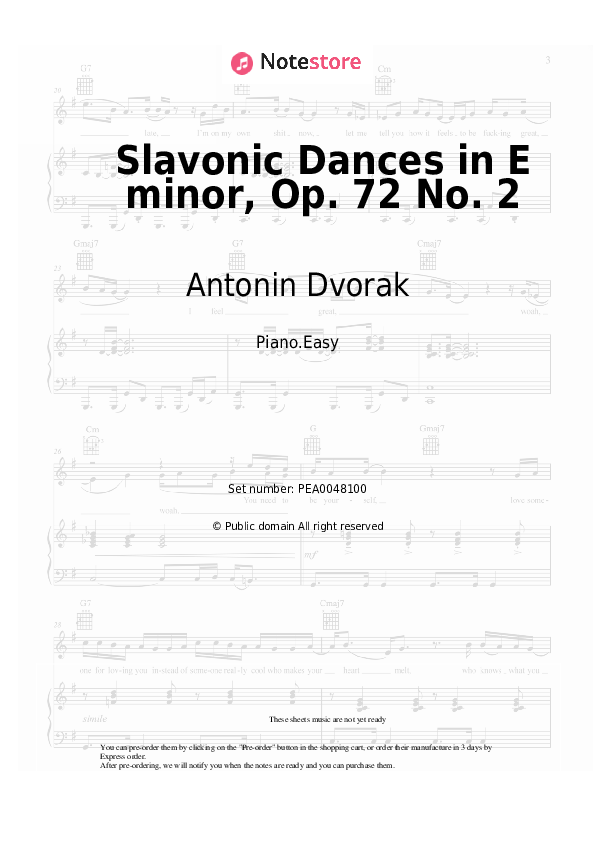Easy sheet music Antonin Dvorak - Slavonic Dances in E minor, Op. 72 No. 2 - Piano.Easy