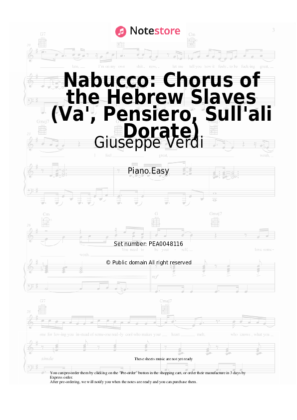 Nabucco: Chorus of the Hebrew Slaves (Va', Pensiero, Sull'ali Dorate) - Giuseppe Verdi Piano Sheet Music Easy - Piano.Easy