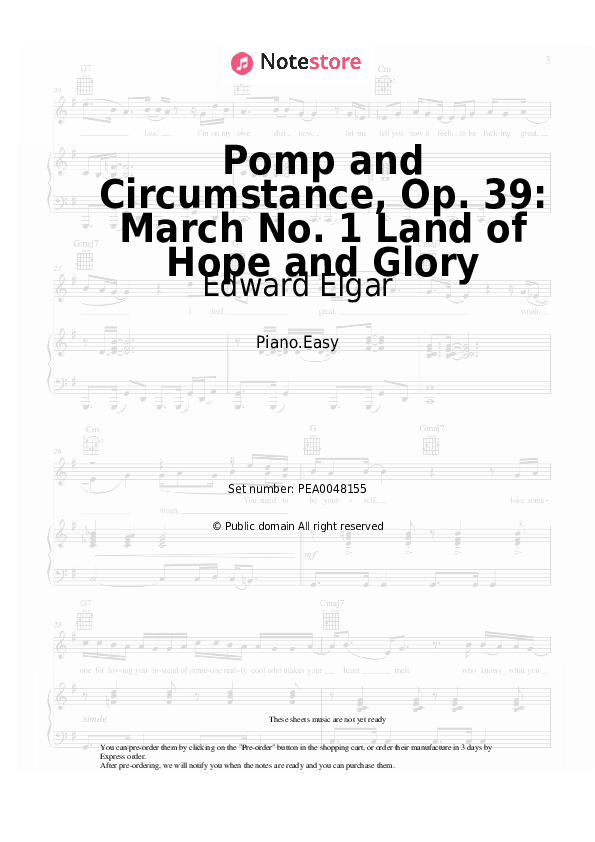 Easy sheet music Edward Elgar - Pomp and Circumstance, Op. 39: March No. 1 Land of Hope and Glory - Piano.Easy