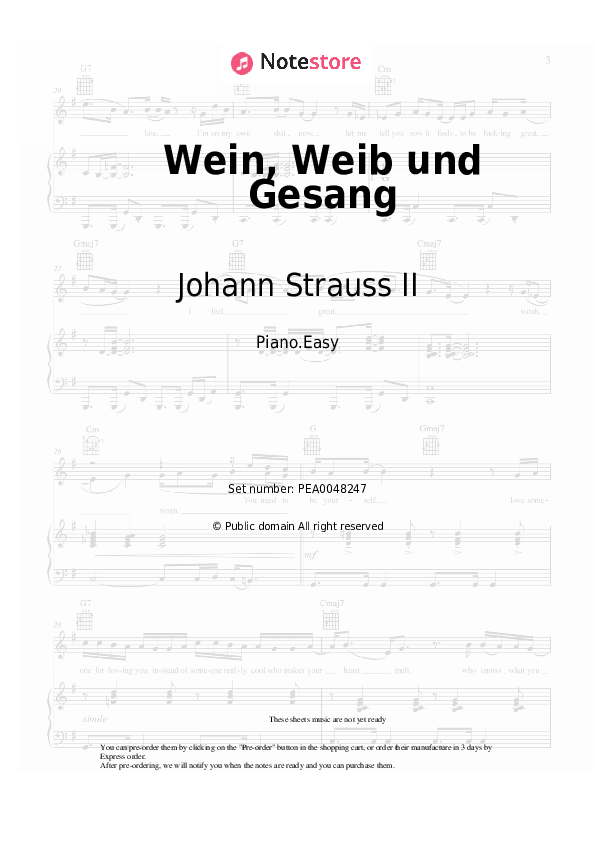 Easy sheet music Johann Strauss II - Wein, Weib und Gesang, Op.333 - Piano.Easy