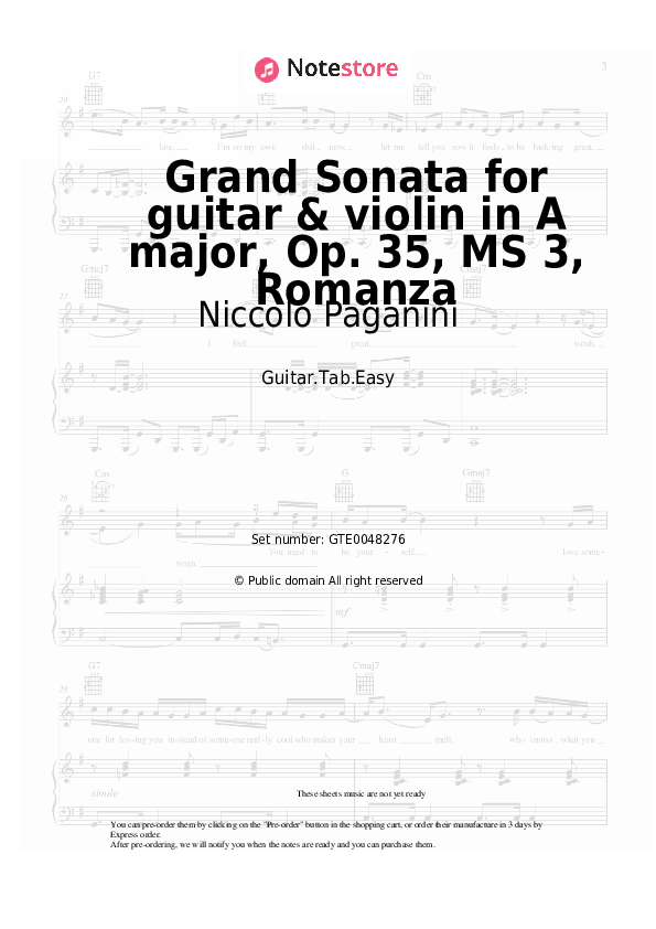 Easy Tabs Niccolo Paganini - Grand Sonata for guitar & violin in A major, Op. 35, MS 3, Romanza - Guitar.Tab.Easy