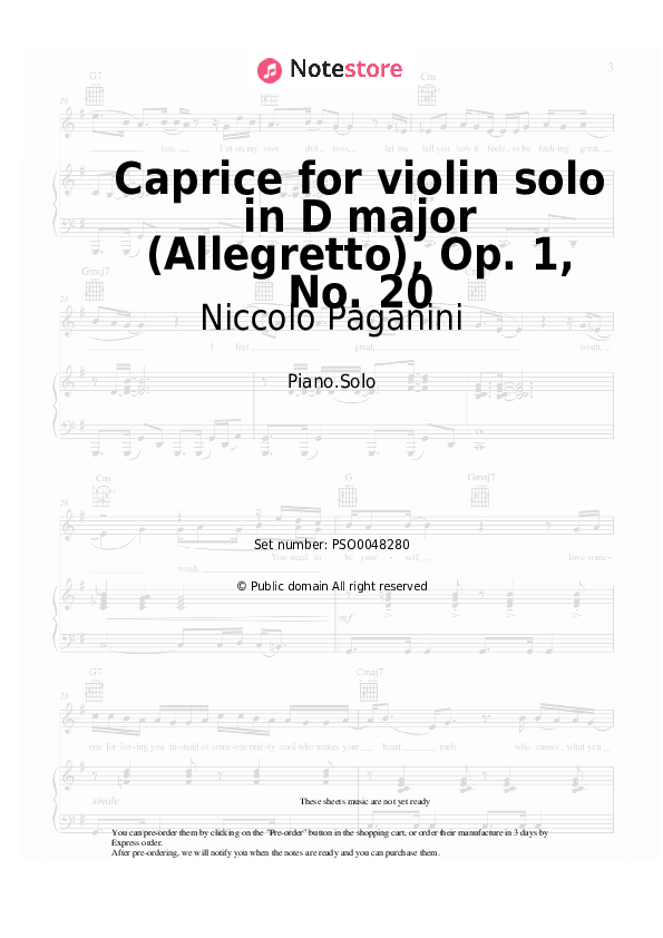 Niccolo Paganini - Caprice for violin solo in D major (Allegretto), Op. 1, No. 20  piano sheet music