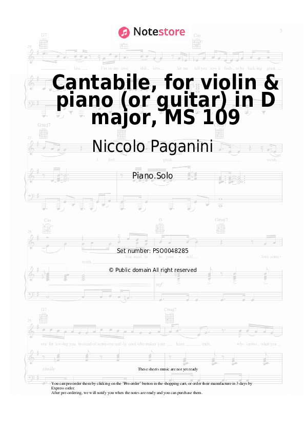 Sheet music Niccolo Paganini - Cantabile, for violin & piano (or guitar) in D major, MS 109 - Piano.Solo