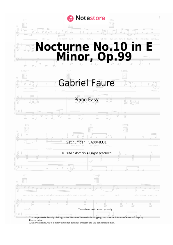 Easy sheet music Gabriel Faure - Nocturne No.10 in E Minor, Op.99 - Piano.Easy