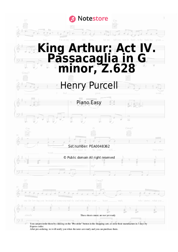 Easy sheet music Henry Purcell - King Arthur: Act IV. Passacaglia in G minor, Z.628 - Piano.Easy