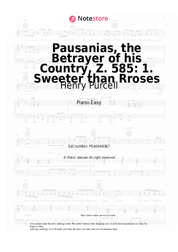 Easy sheet music Henry Purcell - Pausanias, the Betrayer of his Country, Z. 585: 1. Sweeter than Rroses - Piano.Easy