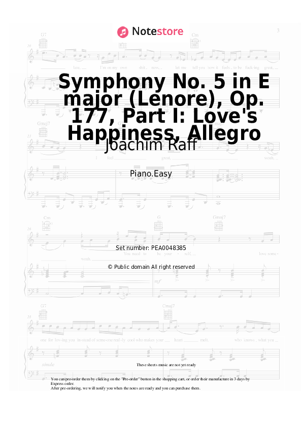 Easy sheet music Joachim Raff - Symphony No. 5 in E major (Lenore), Op. 177, Part I: Love's Happiness, Allegro - Piano.Easy