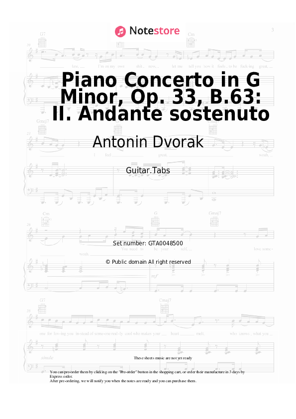 Tabs Antonin Dvorak - Piano Concerto in G Minor, Op. 33, B.63: II. Andante sostenuto - Guitar.Tabs