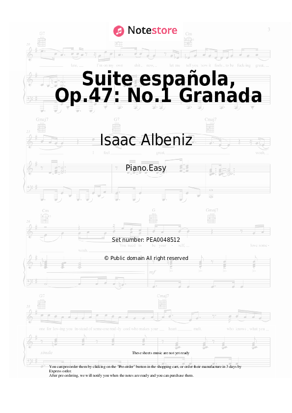 Easy sheet music Isaac Albeniz - Suite española, Op.47: No.1 Granada - Piano.Easy