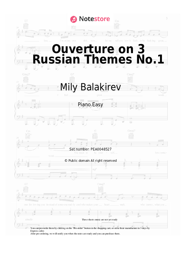 Easy sheet music Mily Balakirev - Ouverture on 3 Russian Themes No.1 - Piano.Easy