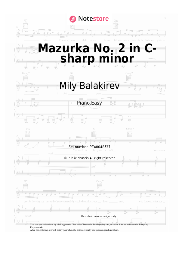 Easy sheet music Mily Balakirev - Mazurka No. 2 in C-sharp minor - Piano.Easy