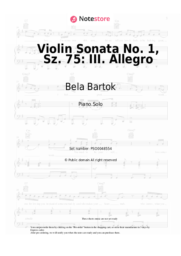 Sheet music Bela Bartok - Violin Sonata No. 1, Sz. 75: III. Allegro - Piano.Solo