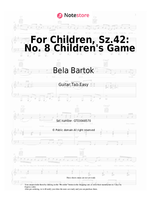 Easy Tabs Bela Bartok - For Children, Sz.42: No. 8 Children's Game - Guitar.Tab.Easy