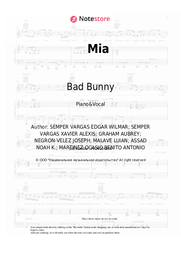 Sheet music with the voice part Drake, Bad Bunny - Mia - Piano&Vocal