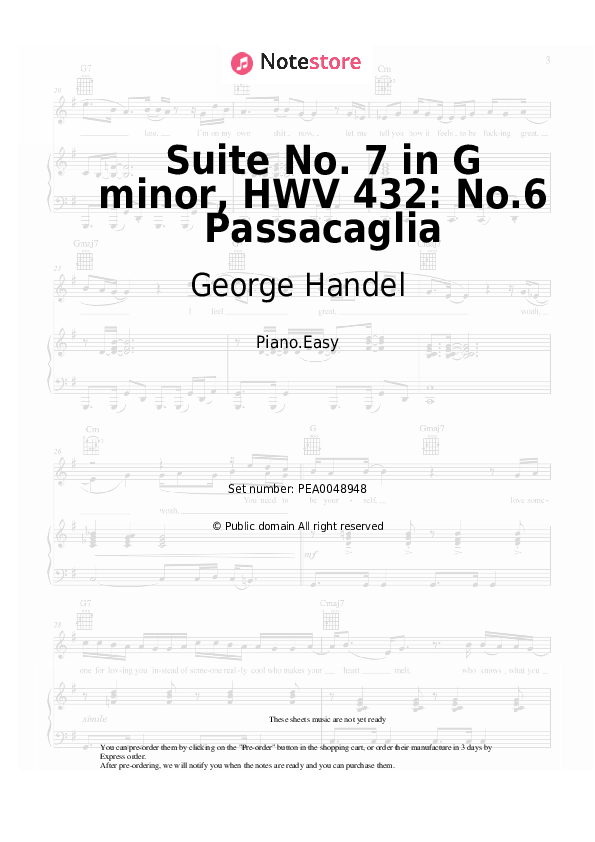 Easy sheet music George Handel - Suite No. 7 in G minor, HWV 432: No.6 Passacaglia - Piano.Easy