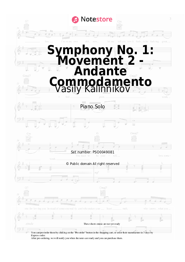 Sheet music Vasily Kalinnikov - Symphony No. 1: Movement 2 - Andante Commodamento - Piano.Solo
