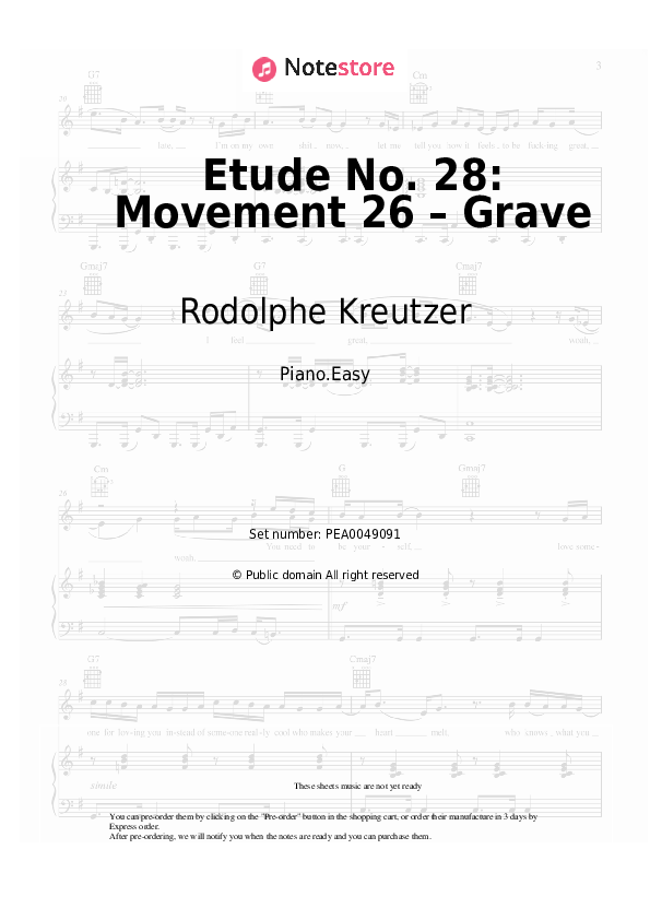 Easy sheet music Rodolphe Kreutzer - Etude No. 28: Movement 26 – Grave - Piano.Easy