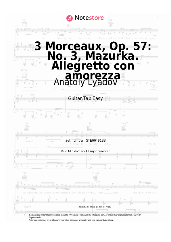 Easy Tabs Anatoly Lyadov - 3 Morceaux, Op. 57: No. 3, Mazurka. Allegretto con amorezza - Guitar.Tab.Easy