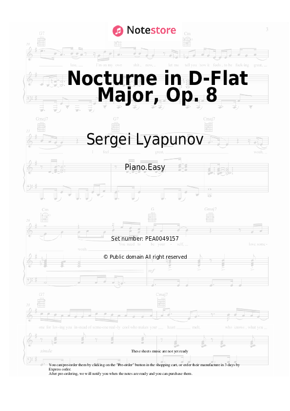 Easy sheet music Sergei Lyapunov - Nocturne in D-Flat Major, Op. 8 - Piano.Easy