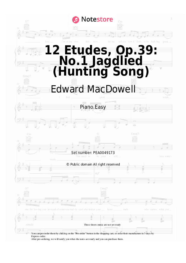 Easy sheet music Edward MacDowell - 12 Etudes, Op.39: No.1 Jagdlied (Hunting Song) - Piano.Easy