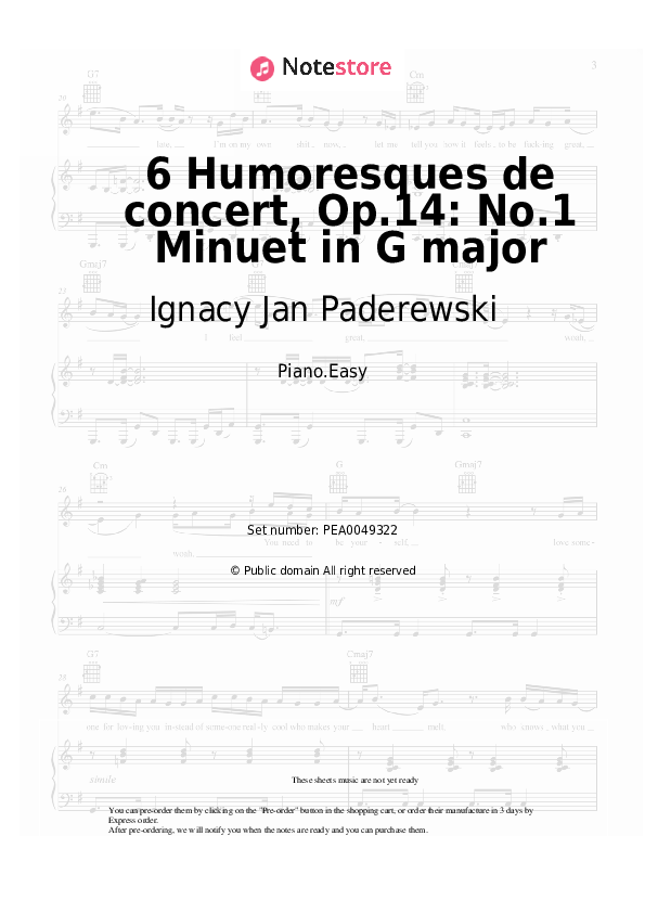 Easy sheet music Ignacy Jan Paderewski - 6 Humoresques de concert, Op.14: No.1 Minuet in G major - Piano.Easy
