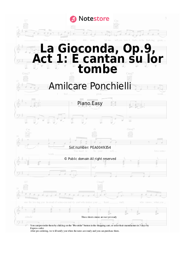 Easy sheet music Amilcare Ponchielli - La Gioconda, Op.9, Act 1: E cantan su lor tombe - Piano.Easy