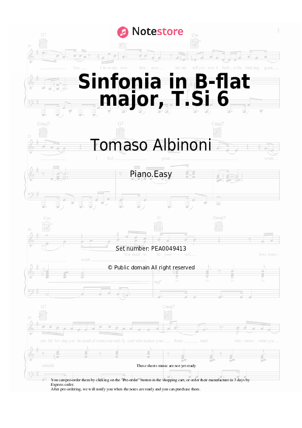 Sinfonia in B-flat major, T.Si 6 - Tomaso Albinoni Piano Sheet Music Easy - Piano.Easy