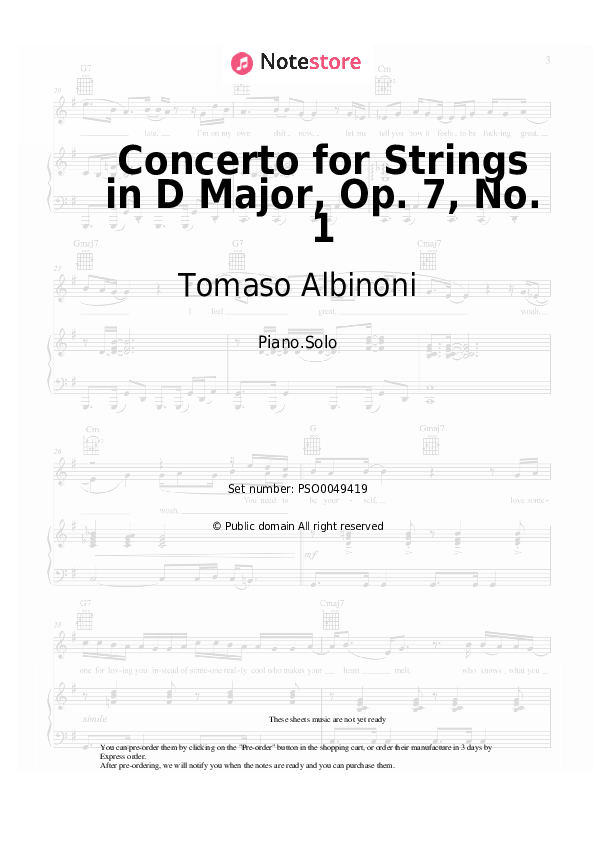 Sheet music Tomaso Albinoni - Concerto for Strings in D Major, Op. 7, No. 1 - Piano.Solo
