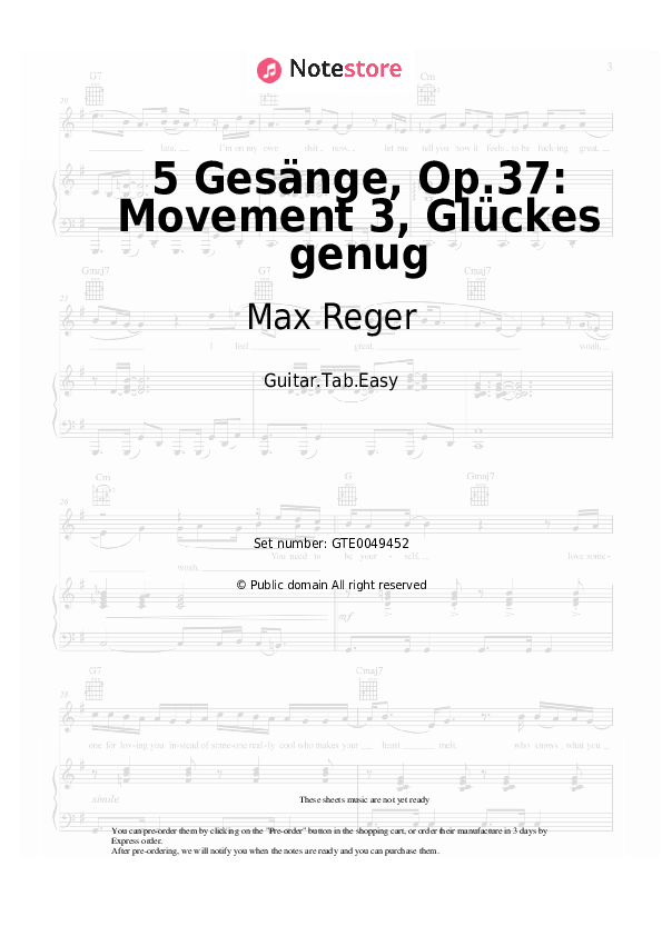 5 Gesänge, Op.37: Movement 3, Glückes genug - Max Reger Tabs Easy - Guitar.Tab.Easy