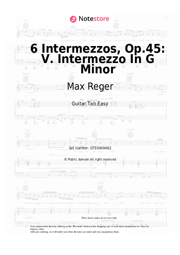 6 Intermezzos, Op.45: V. Intermezzo In G Minor - Max Reger Tabs Easy - Guitar.Tab.Easy