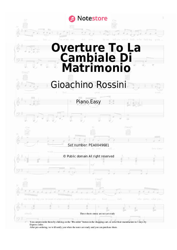 Easy sheet music Gioachino Rossini - Overture To La Cambiale Di Matrimonio - Piano.Easy