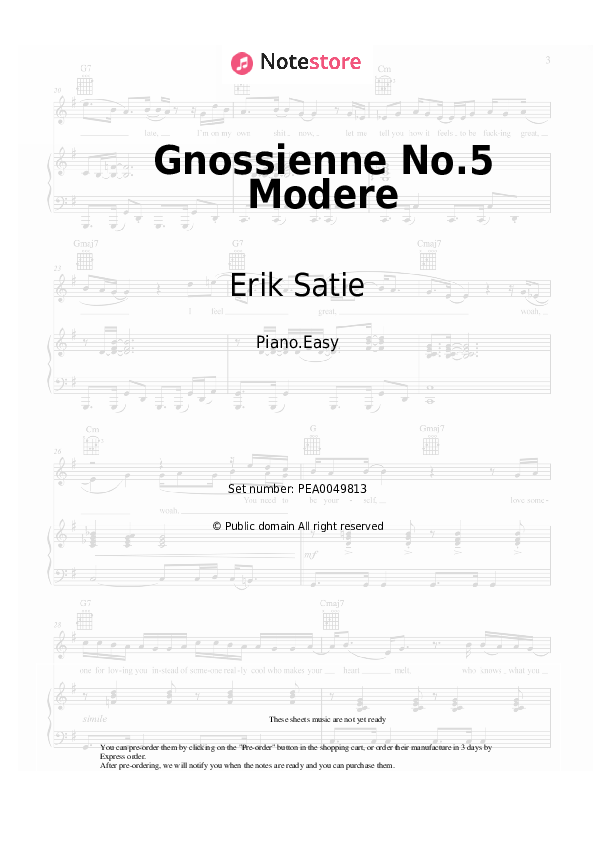 Easy sheet music Erik Satie - Gnossienne No.5 Modere - Piano.Easy