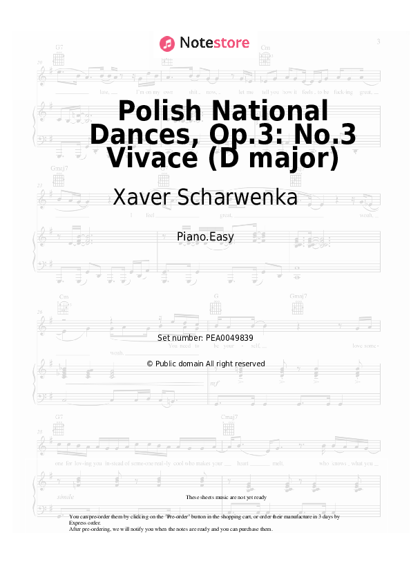 Easy sheet music Xaver Scharwenka - Polish National Dances, Op.3: No.3 Vivace (D major) - Piano.Easy