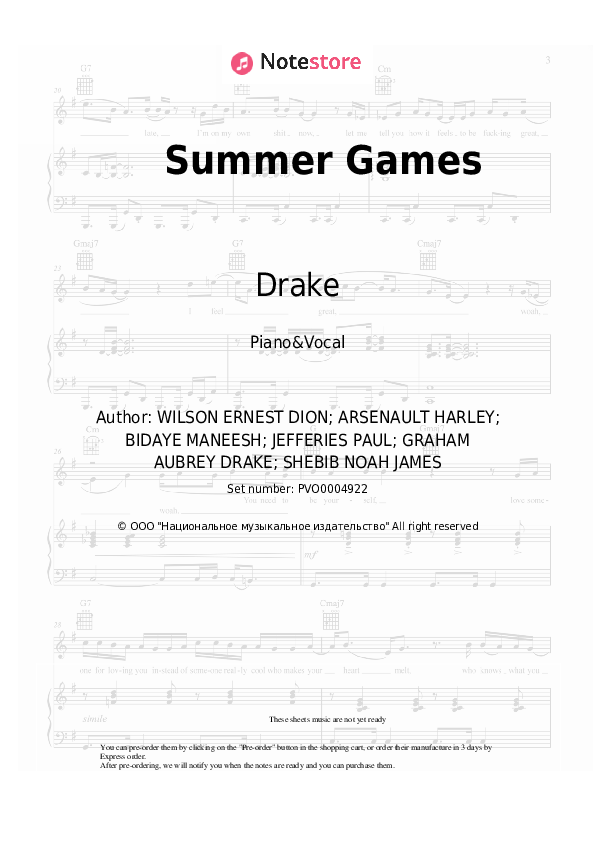 Summer Games - Drake Piano Sheet Music with the Voice part - Piano&Vocal