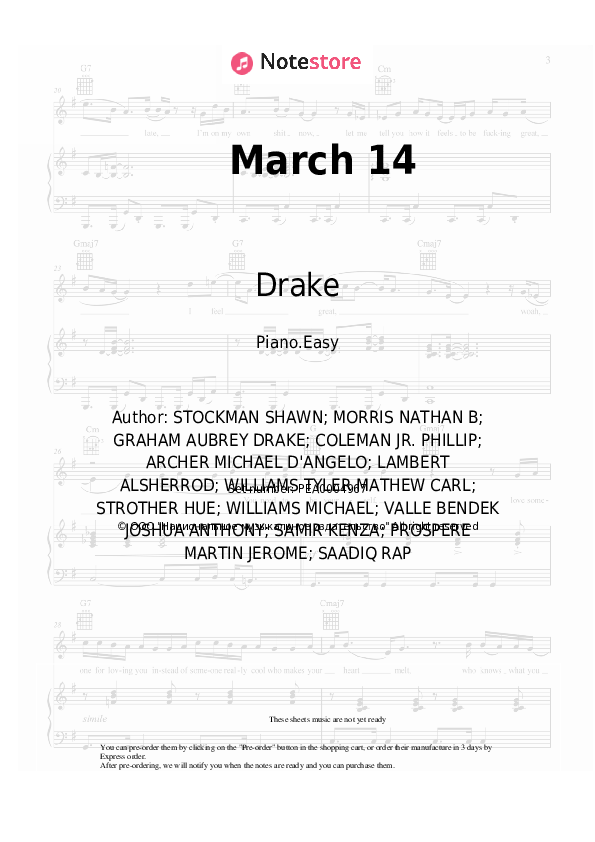 March 14 - Drake Piano Sheet Music Easy - Piano.Easy