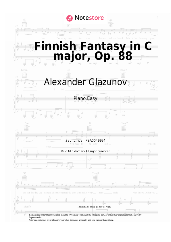 Easy sheet music Alexander Glazunov - Finnish Fantasy in C major, Op. 88 - Piano.Easy