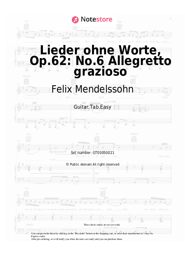 Lieder ohne Worte, Op.62: No.6 Allegretto grazioso - Felix Mendelssohn Tabs Easy - Guitar.Tab.Easy