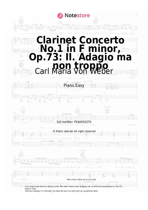 Easy sheet music Carl Maria Von Weber - Clarinet Concerto No.1 in F minor, Op.73: II. Adagio ma non troppo - Piano.Easy