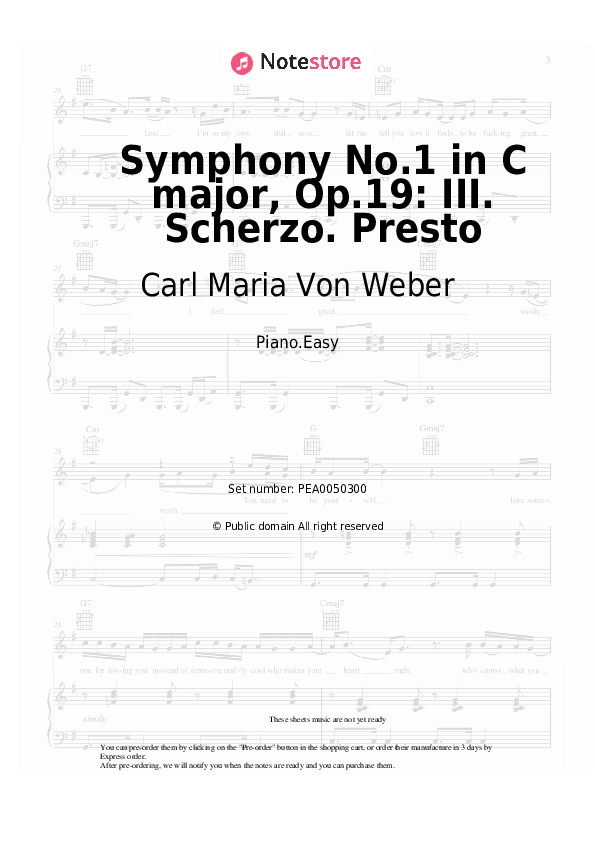 Easy sheet music Carl Maria Von Weber - Symphony No.1 in C major, Op.19: III. Scherzo. Presto - Piano.Easy