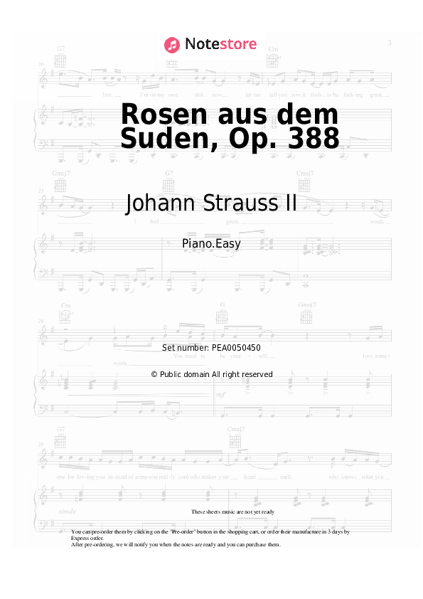 Easy sheet music Johann Strauss II - Rosen aus dem Suden, Op. 388 - Piano.Easy