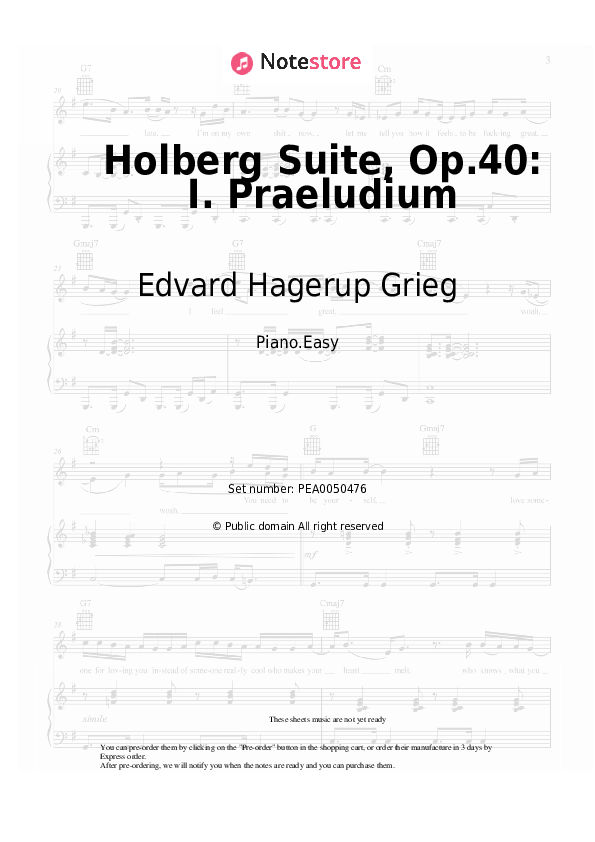 Easy sheet music Edvard Hagerup Grieg - Holberg Suite, Op.40: I. Praeludium - Piano.Easy