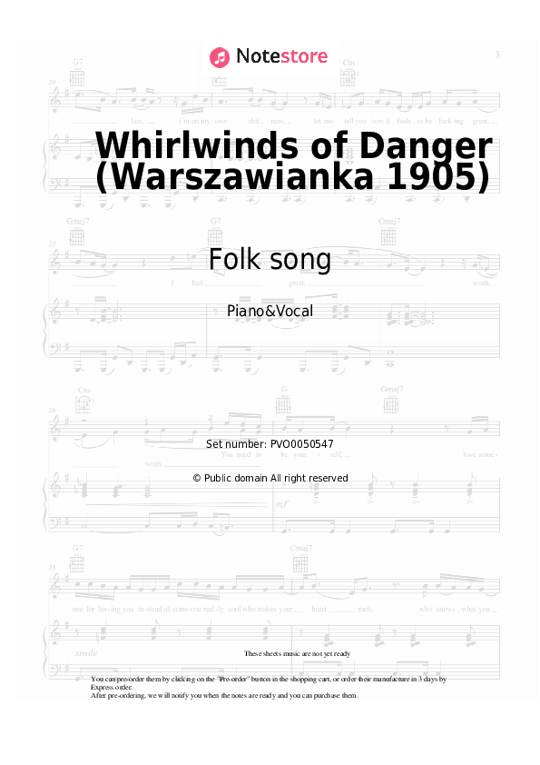 Whirlwinds of Danger (Warszawianka 1905) - Folk song Piano Sheet Music with the Voice part - Piano&Vocal