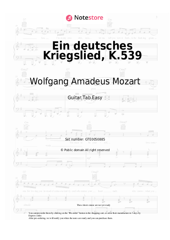 Ein deutsches Kriegslied, K.539 - Wolfgang Amadeus Mozart Tabs Easy - Guitar.Tab.Easy