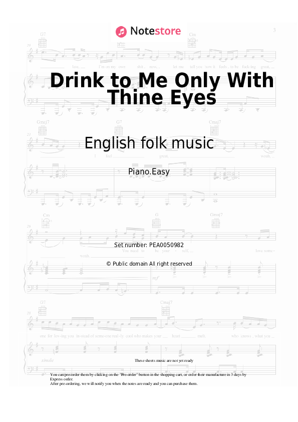 Easy sheet music English folk music - Drink to Me Only With Thine Eyes - Piano.Easy