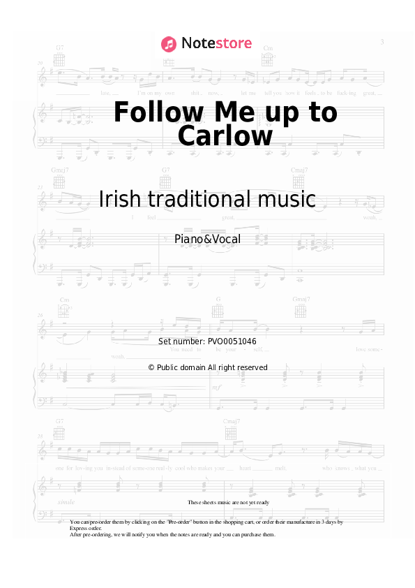 Sheet music with the voice part Irish traditional music - Follow Me up to Carlow - Piano&Vocal