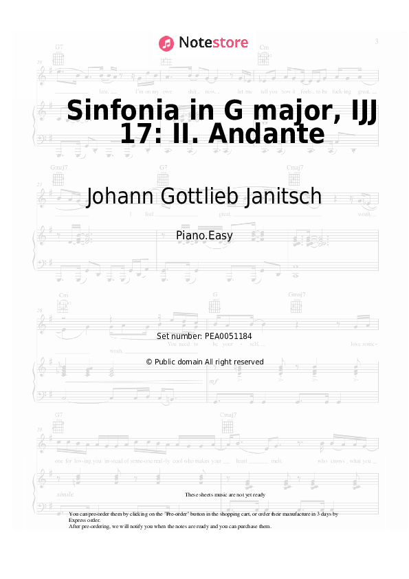 Easy sheet music Johann Gottlieb Janitsch - Sinfonia in G major, IJJ 17: II. Andante - Piano.Easy