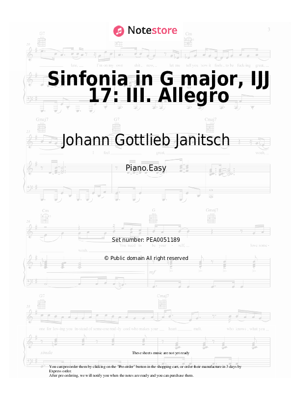 Sinfonia in G major, IJJ 17: III. Allegro - Johann Gottlieb Janitsch Piano Sheet Music Easy - Piano.Easy