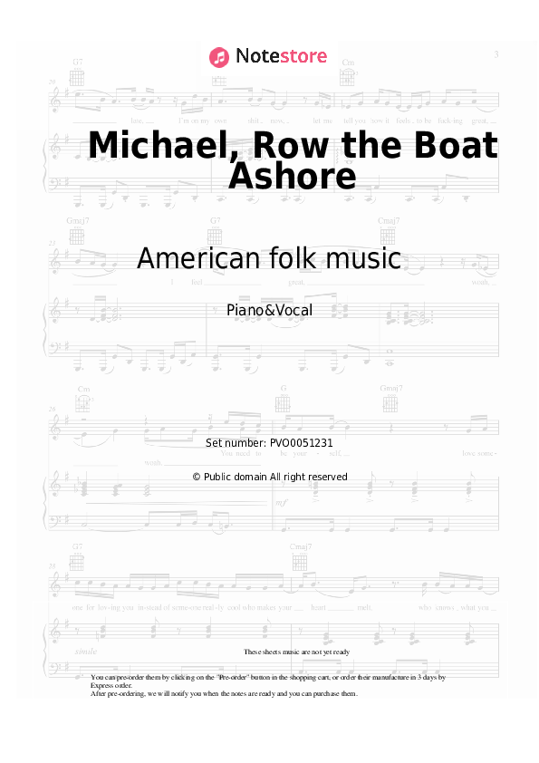 Sheet music with the voice part American folk music - Michael, Row the Boat Ashore - Piano&Vocal